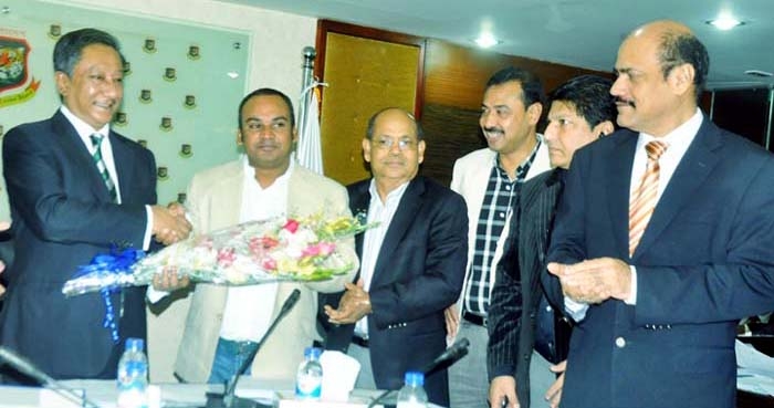 President of Bangladesh Cricket Board (BCB) Nazmul Hassan Papon, MP giving reception to BCB Director Naimur Rahman Durjoy, MP with bouquet on Thursday at the conference room of Sher-e-Bangla National Cricket Stadium in Mirpur as Durjoy was elected Member