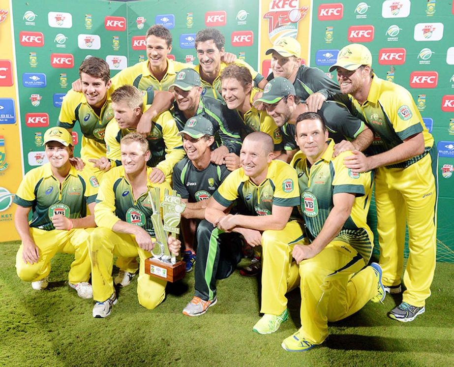 Australia's players celebrate after clinching a 2-0 series win against South Africa in 3rd T20 at Centurion on Friday.
