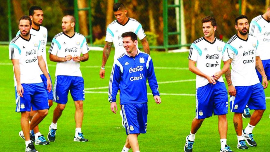 Lionel Messi of Argentina along with teammates during a training session in Vespasiano, Brazil on Wednesday.